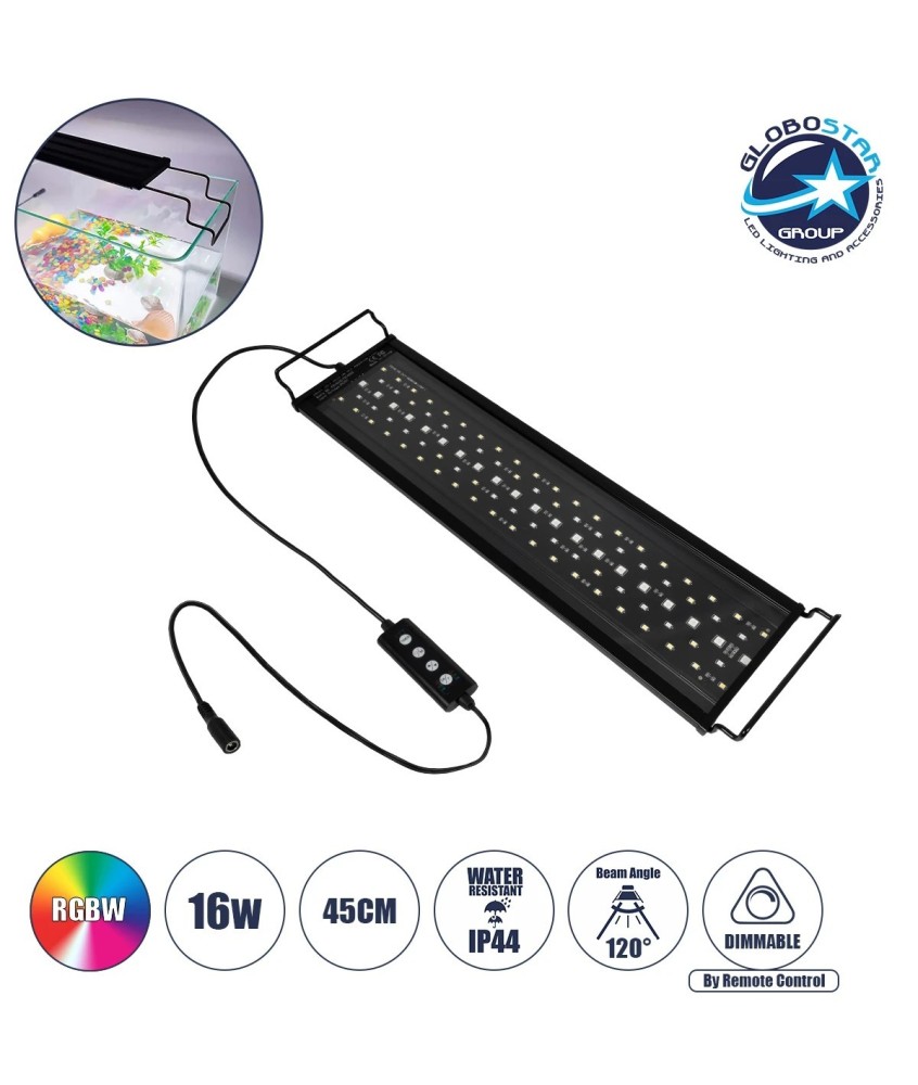 GLOBOSTAR® AQUARIUS 79679 Φωτιστικό Ενυδρείου με Ενσωματωμένο Χειριστήριο LED 16W 800lm 120° AC 220-240V Αδιάβροχο IP44 Πολύχρωμο RGBW Dimmable - Sanan SMD Chip - Μαύρο - Μ45 x Π11 x Υ3cm - 2 Χρόνια Εγγύηση